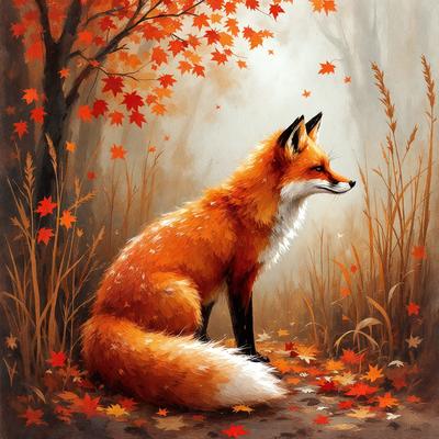 The primary subject of the image is a fox sitting in a forest. The setting is a forest with trees and leaves, creating a natural and serene atmosphere. The visual style is an illustration or painting, showcasing the fox in a detailed and artistic manner. The colors and mood are predominantly orange and brown, reflecting the autumn season and the warmth of the forest.